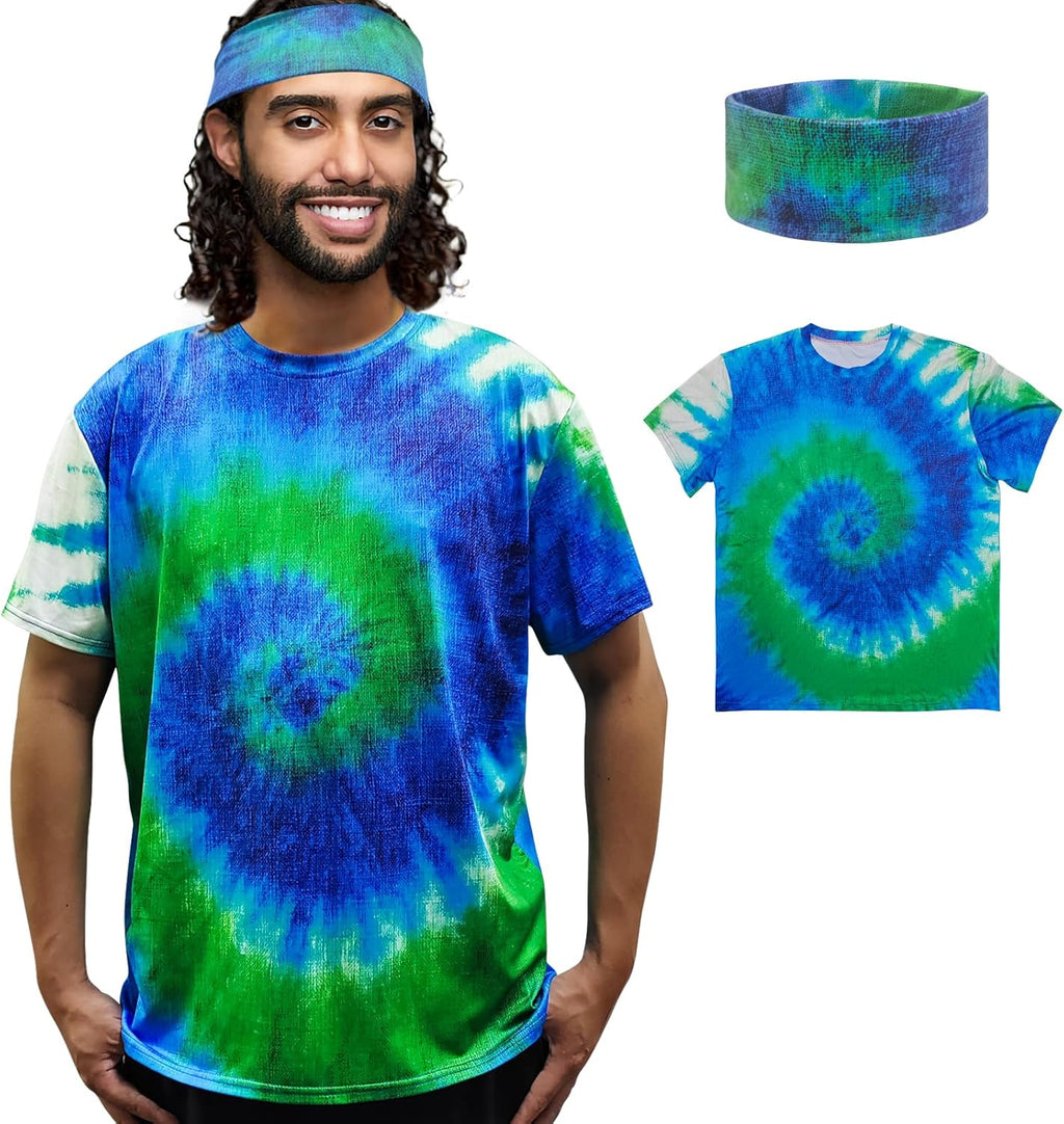 Hippie Costume for Men Women 60s and 70s colorful T-shirt and headband 2-piece theme party