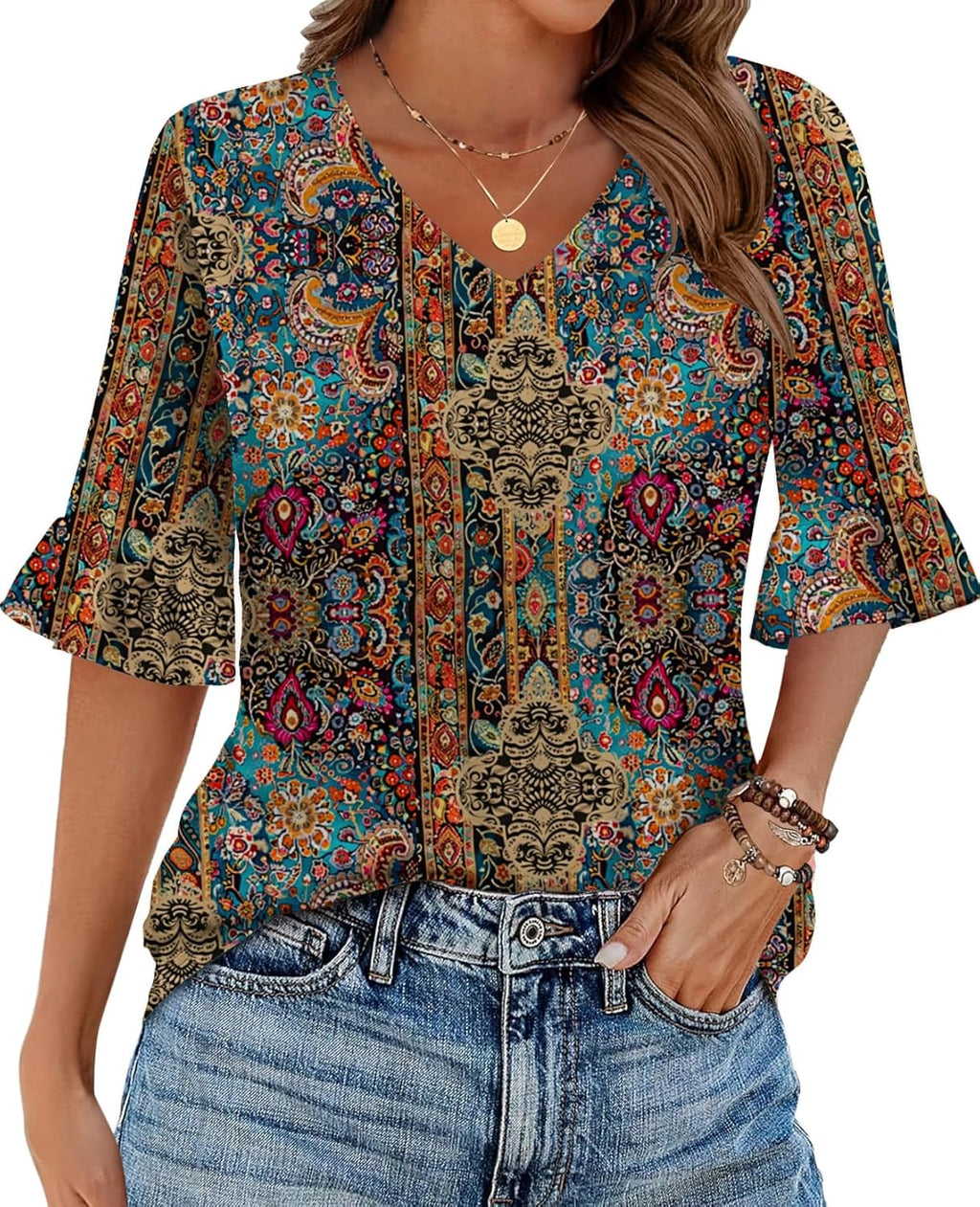 Womens Tops Casual V Neck Shirts Floral Solid Blouse Ruffle Tunics 3/4 Sleeve Tshirt S-XXL