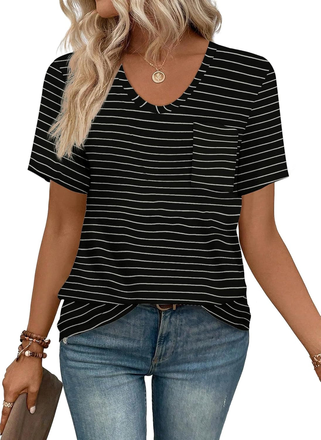 Women Summer T Shirts Short Sleeve Rounded V Neck Pocket Tee Tops