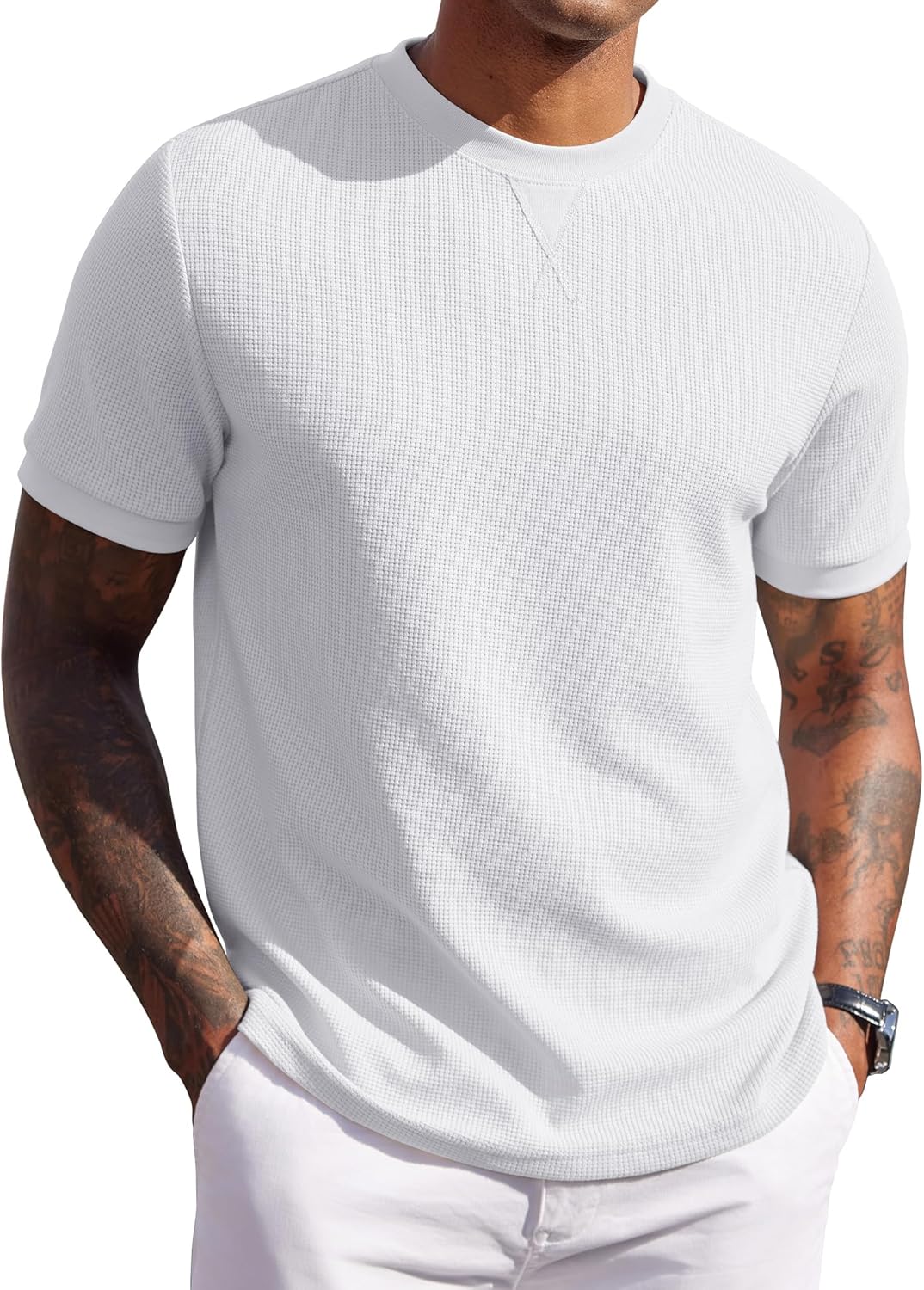 Men's Waffle T-Shirts Short Sleeve Casual Crew Neck Shirt Summer Plain Pullover Tees