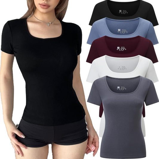 5 Pack Short Sleeve for Womens Square Neck T Shirts Fashion Casual Basic Tees Tops Summer Outfits Clothes 2026