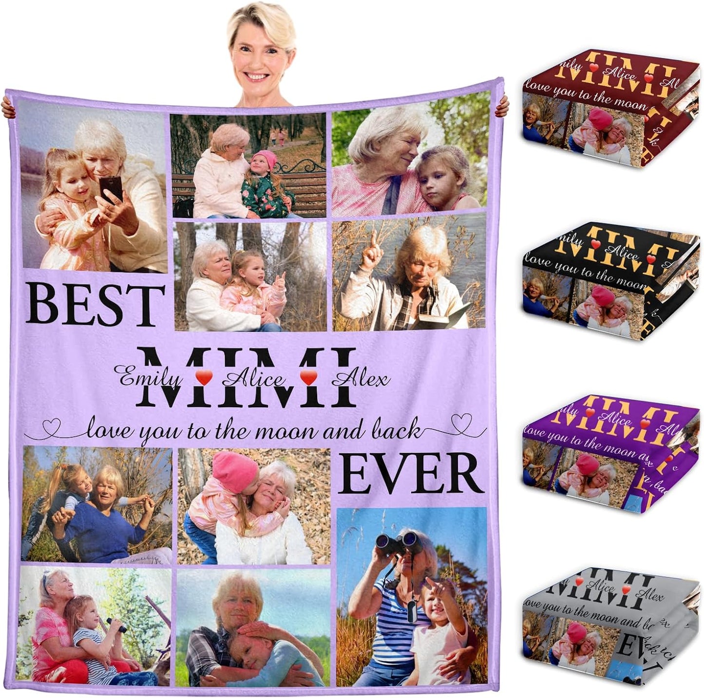 WFR Personalized Mimi Blanket Gifts for Grandma, Mother's Day Throw Gift for Mimi from Grandkids, Custom Photo Throw Blanket with Pictures and Names, Best Mimi Ever, Printed in USA