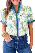 Womens Summer Floral Print Tops Casual Puff Short Sleeve Ruffle V Neck Button Down Shirts Patchwork Boho Blouses