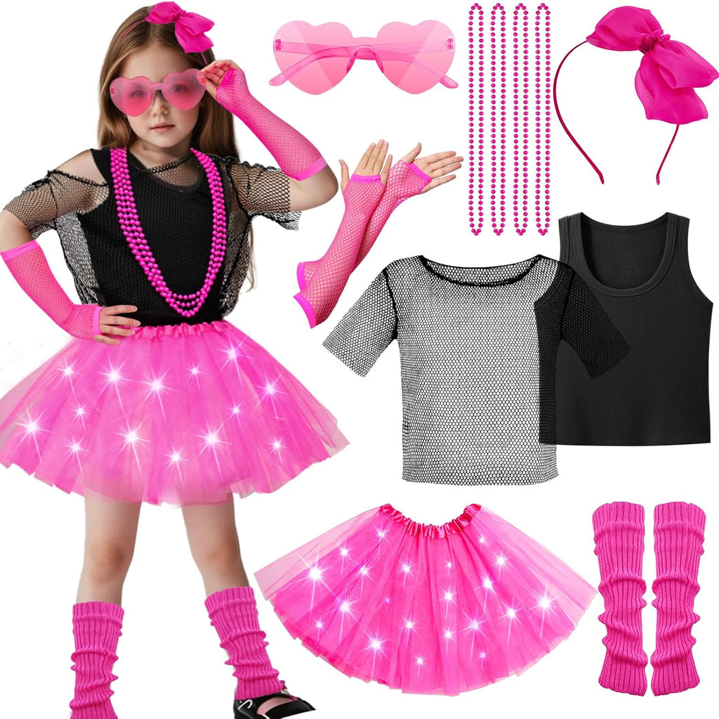 13pcs Girls 80s Outfit Costume Accessories Light Up Tutu Shirt Outfits Halloween 1980s 90s Theme Retro Party