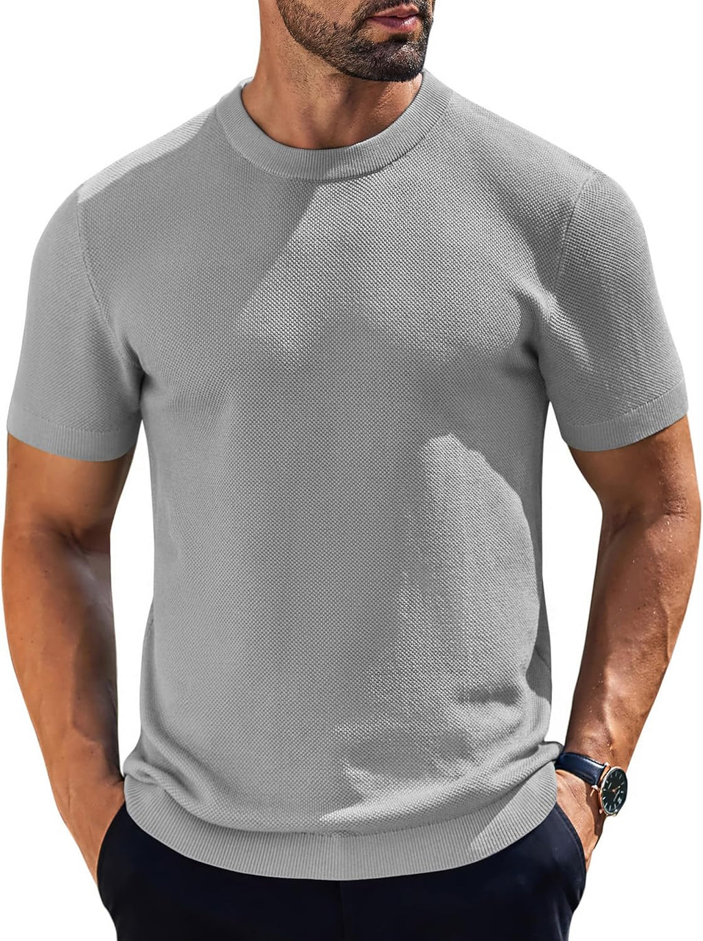 Men's Knit T-Shirts Short Sleeve Crewneck Shirt Casual Textured Pullover Tees
