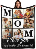 Ship Next Day Mothers Day Photo Gifts for Mom from Daughter Son Kids, Custom Blanket with Picture Text for Adult, Personalized Birthday Gifts for Mommy Mama Women Her Wife