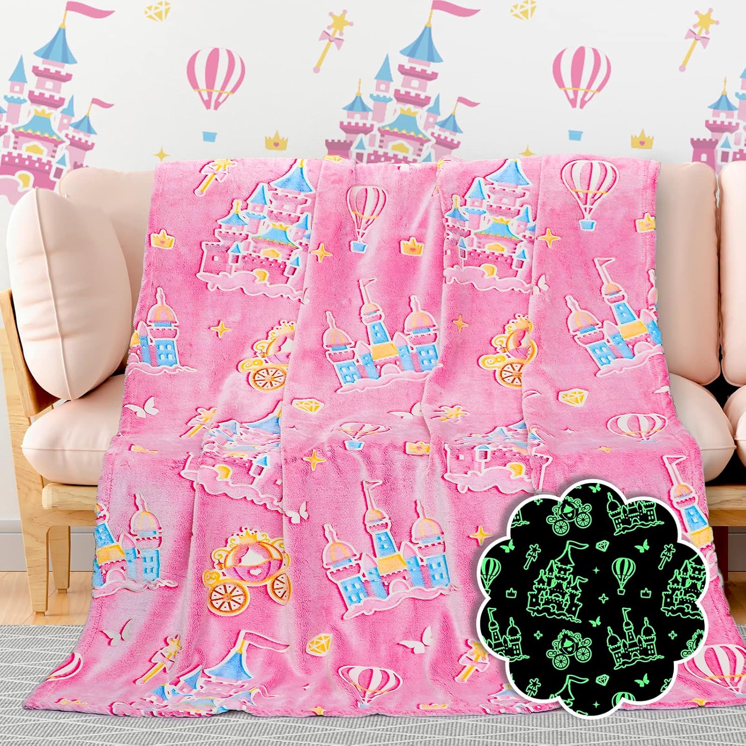 BORORO Glow in the Dark Princess Blanket for Girls Graduation, Princess Castle Gifts Toys for Girls, Pink Throw Blanket for Couch Bed Room Decor, Soft Fleece Plush Bedding for Kids Toddlers 50" x60“