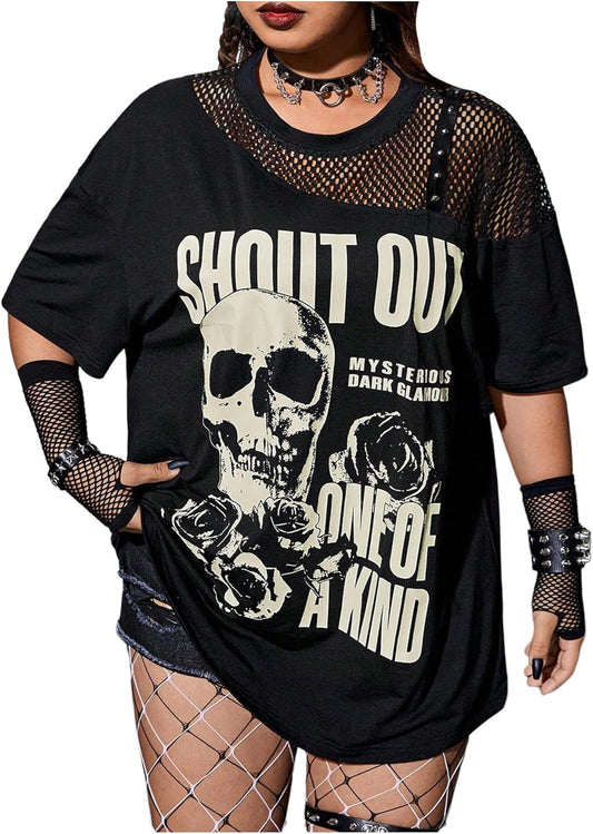 Women's Plus Size Skull Letter Mesh Tees Y2k Punk Studded Half Sleeve T Shirt