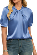 2026 Women Satin Tops Short Sleeve Blouse Mock Neck Work Silk Shirts Business Casual Outfits