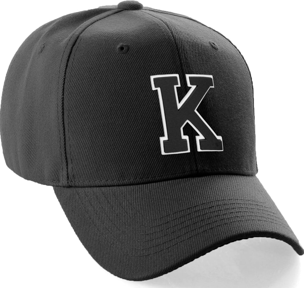 Classic Baseball Hat Custom A to Z Initial Team Letter, Black Cap White Black