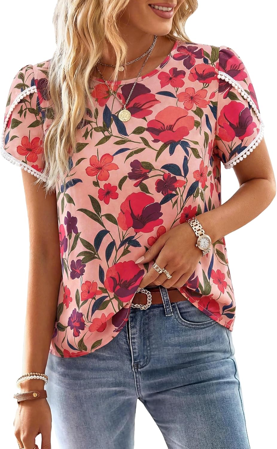 Womens Spring Tops 2026 Casual Crewneck Lace Crochet Short Sleeve Shirts Floral Boho Blouse Loose Tunic Top