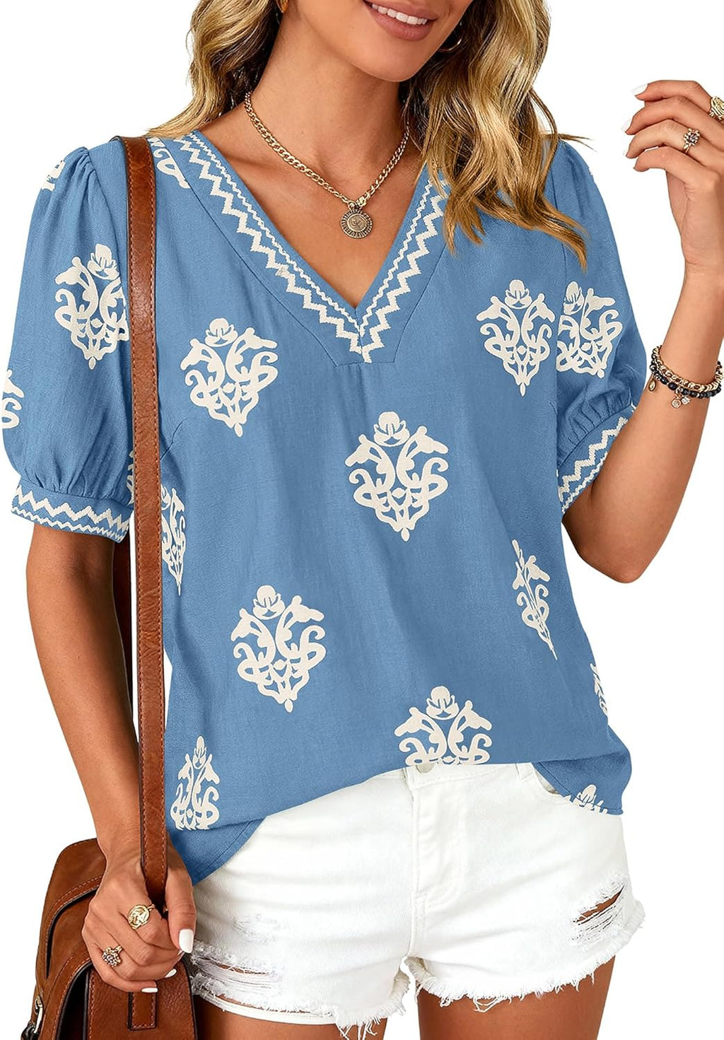Casual Summer T Shirts Going Out Tops for Women Beach Vacation Clothes Short Sleeve Blouses V Neck Boho Tunics