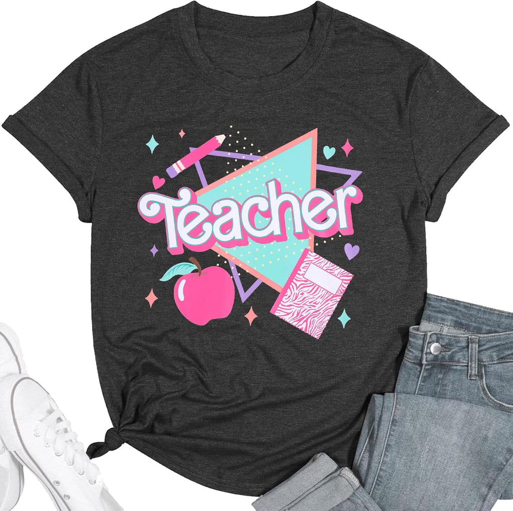 Teacher Shirts for Women Vintage 80s 90s Teacher Life Tee Back to School Teacher Gift Casual Short Sleeve Tops