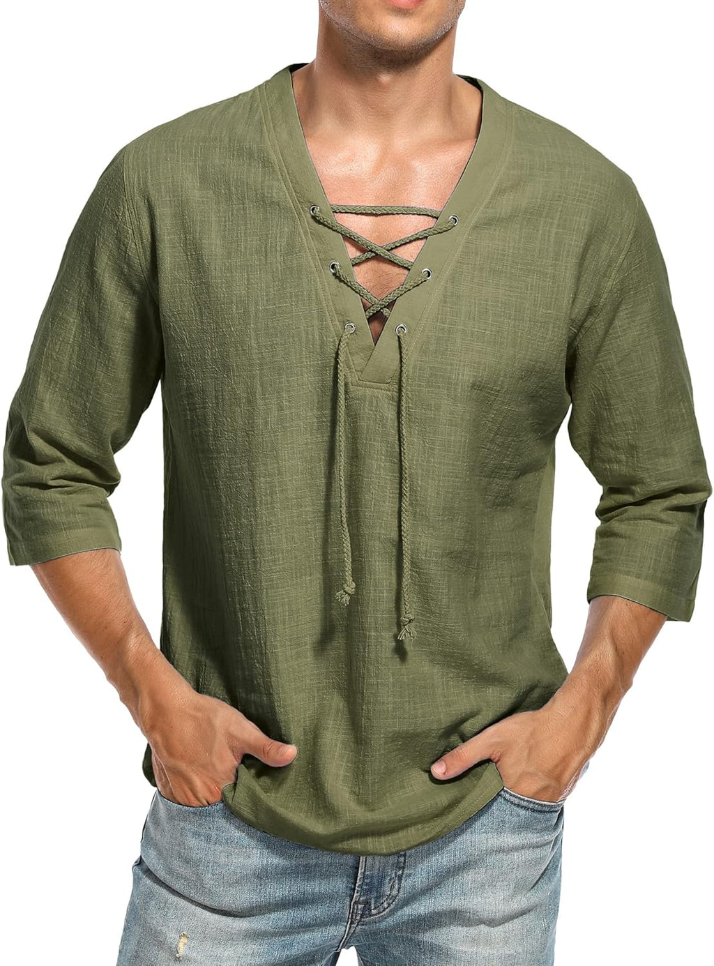 Men's Casual Cotton Linen Shirt Short Sleeve V Neck Lace Up Hippie Beach Tee Shirts Yoga Summer Top