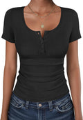 Womens Short Sleeve Henley Shirts Ribbed Slim Fitted Tee Summer Work Tops 2026 Button Blouse Spring Vacation Clothes
