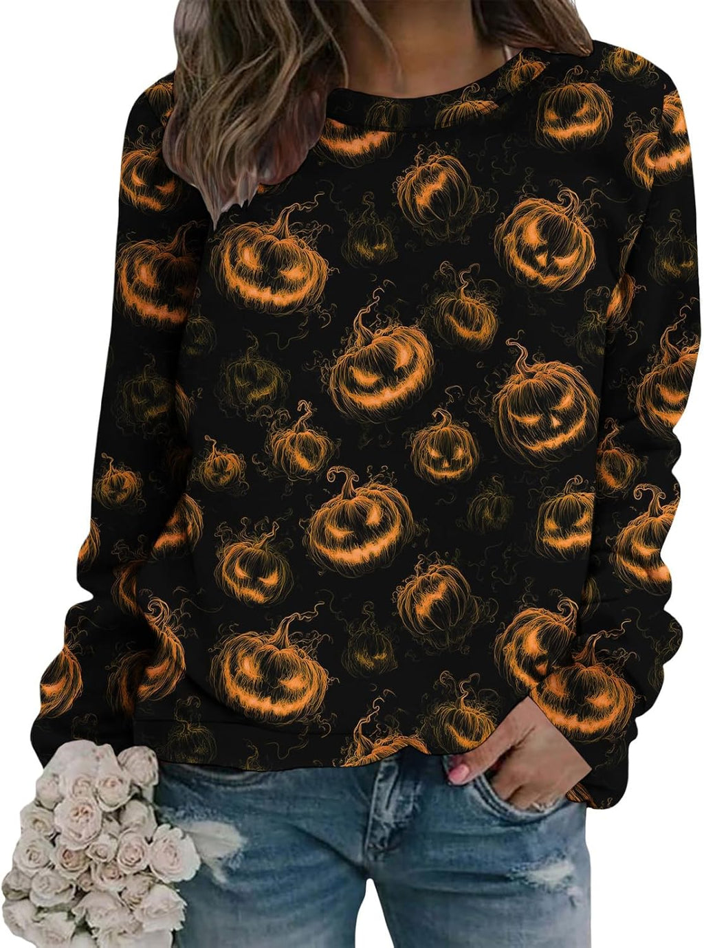Womens Halloween Pumpkin Sweatshirt Long Sleeve Crewneck Pullover Fall Graphic Top Festive Casual Holiday Wear