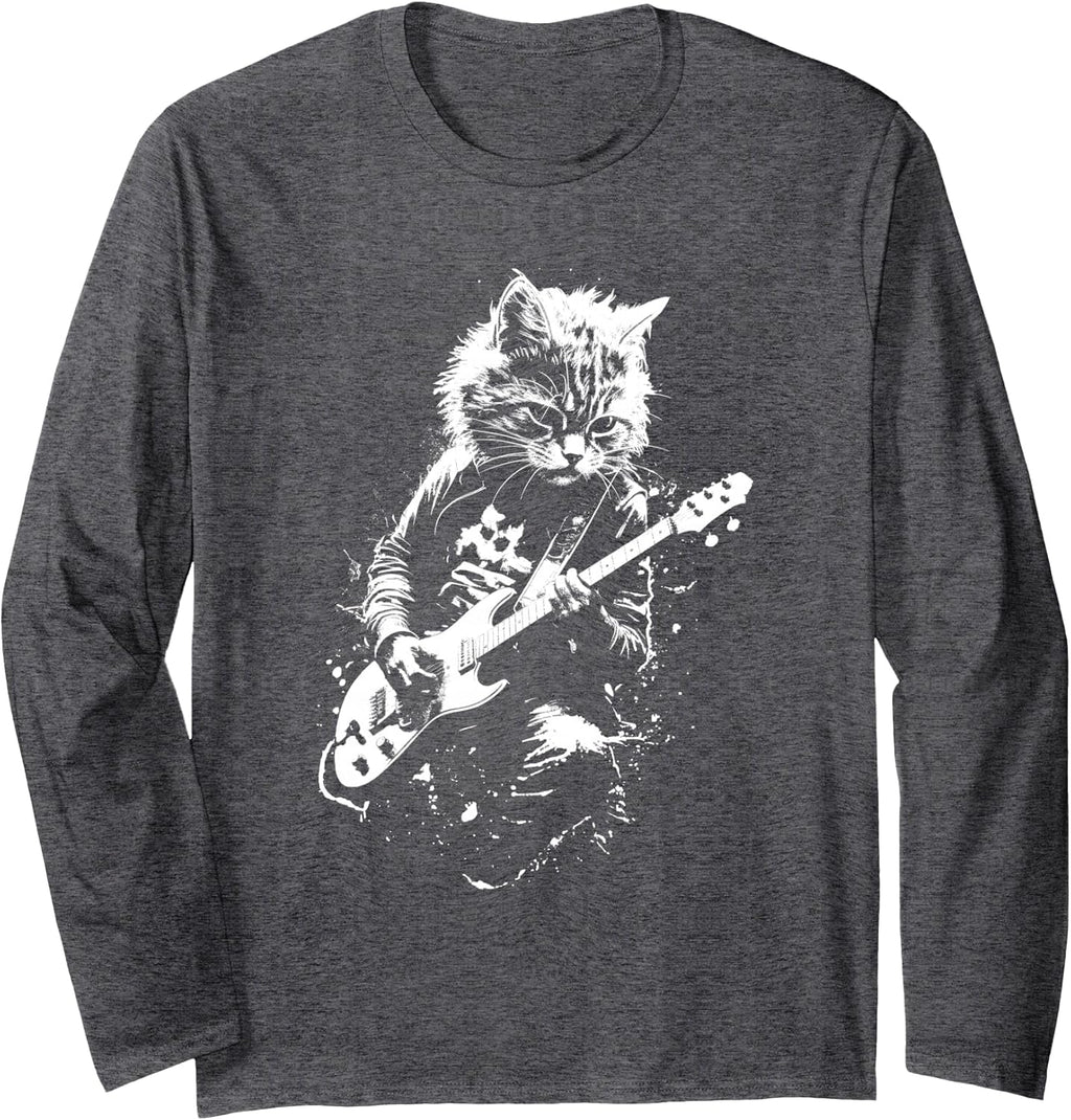 Distressed Cat Playing Guitar Punk Rock & Roll Vintage Long Sleeve T-Shirt