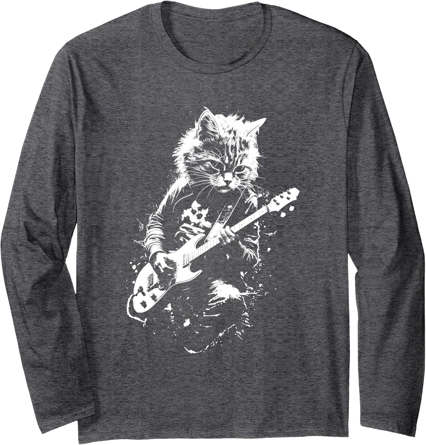 Distressed Cat Playing Guitar Punk Rock & Roll Vintage Long Sleeve T-Shirt