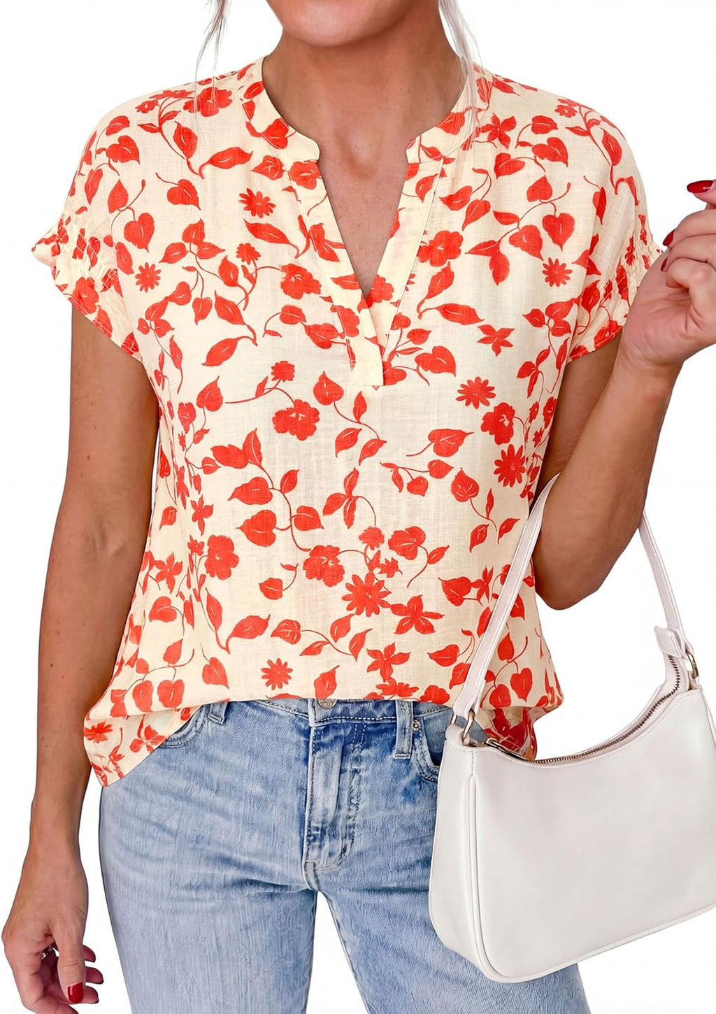 Womens Floral Print Short Sleeve Summer Tops 2026 Trendy V Neck Loose Boho Shirts Casual Work Blouses