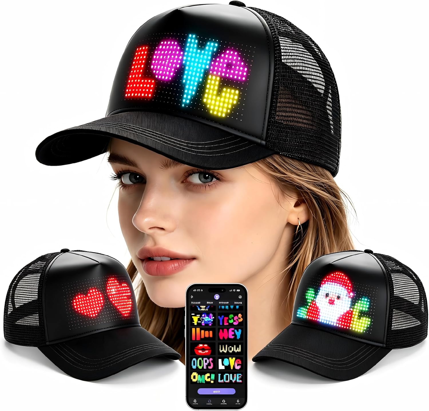 Smart LED Hat with Programmable Bluetooth Display, Custom Light Up Baseball Caps for Adults