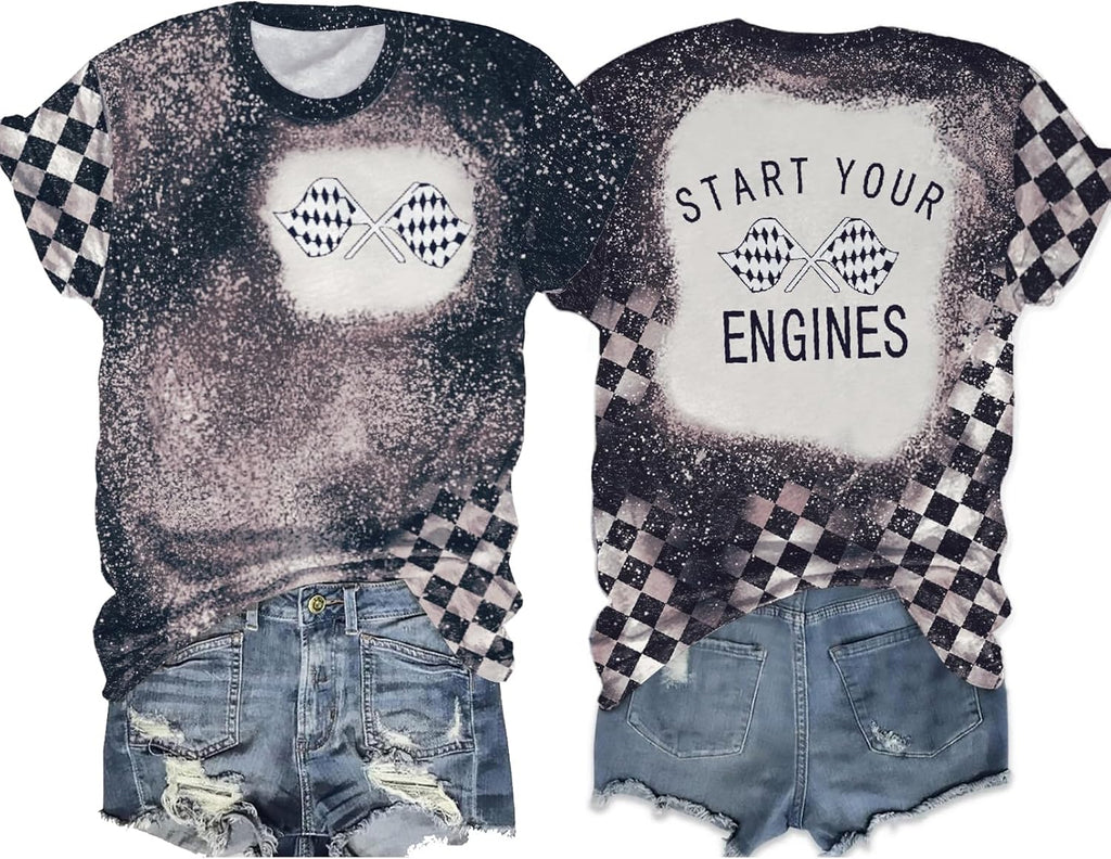 Racing Shirt for Women Checkered Flag Graphic Raceday Outfit Race Lover Casual Short Sleeve Funny Race Car Tee Tops