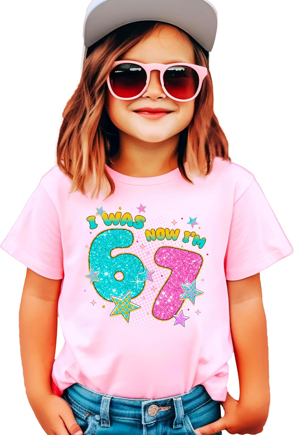 Ink-Printed Glitter I was 6 Now I'm 7 Birthday Shirt for Girls Trendy Six Seven Party T-Shirt
