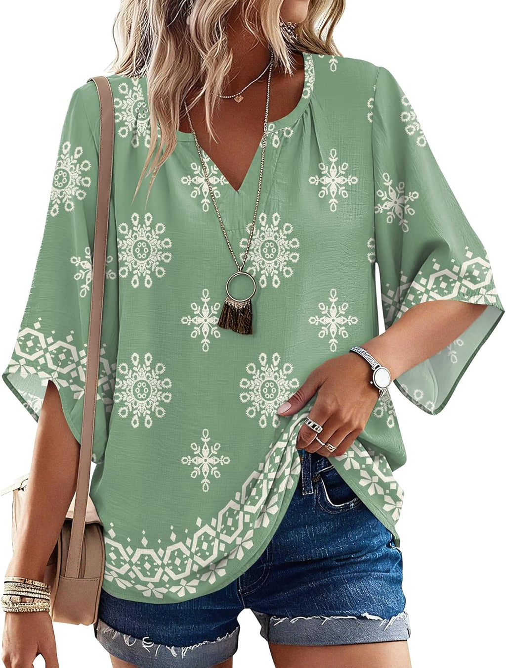 Women's 3/4 Length Sleeve Boho Tops V Neck Casual Vacation Clothes Loose Fit Tunic Shirts S-3XL