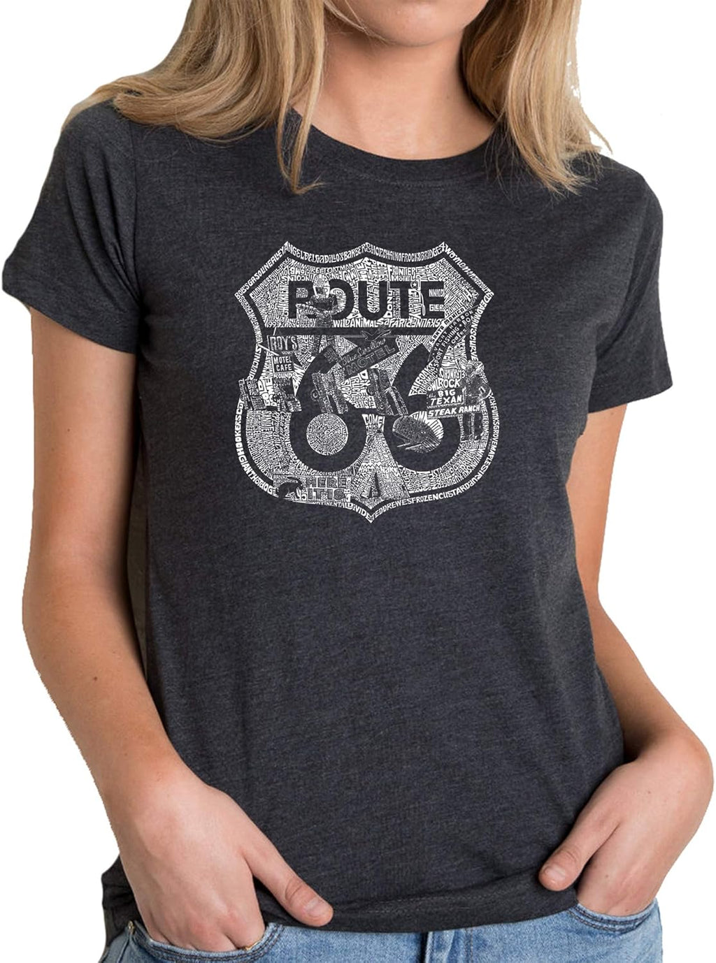 Women's Premium Blend Word Art T-Shirt - Stops Along Route 66