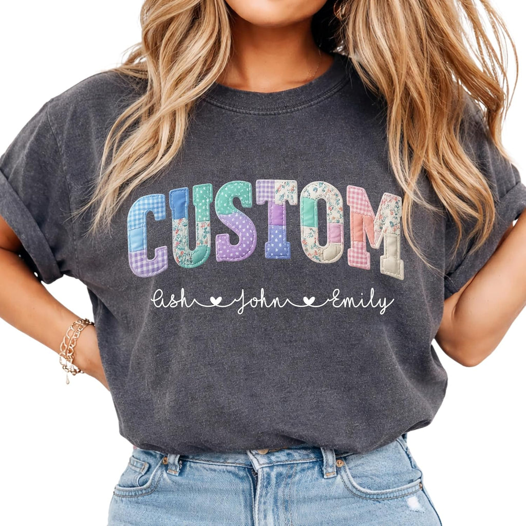 Personalized Mama Grandma Aunt Faux Patchwork Shirt with Kids Names, Custom Floral Family Shirt