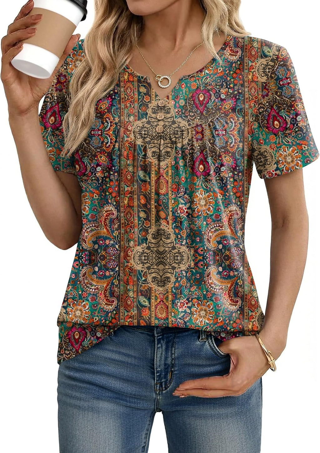 Womens Summer Tops 2026 Short Sleeve Shirts V Neck Pleated Tunic Tops Work Blouses Business Casual Outfits S-3XL