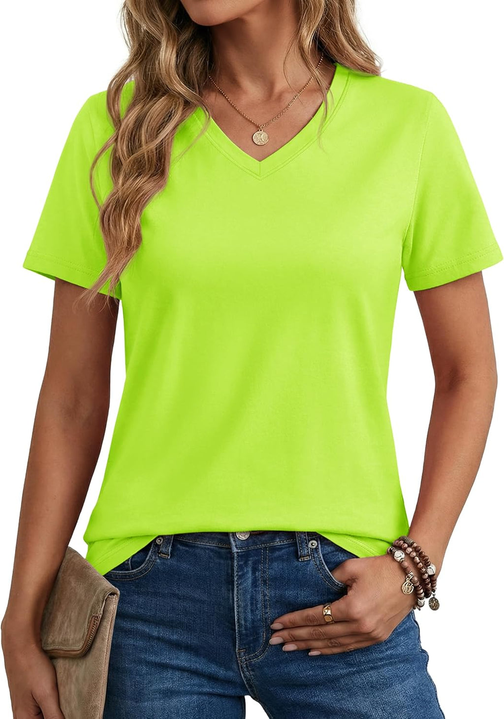 Women's Cotton T Shirt V-Neck Short Sleeve Shirt Classic-Fit Casual Breathable Tee Summer Basic Tops
