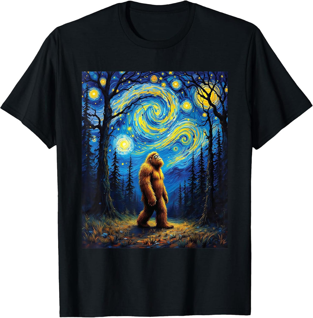 Sasquatch Bigfoot Van Gogh Starry Night Art Painting Graphic T-Shirt