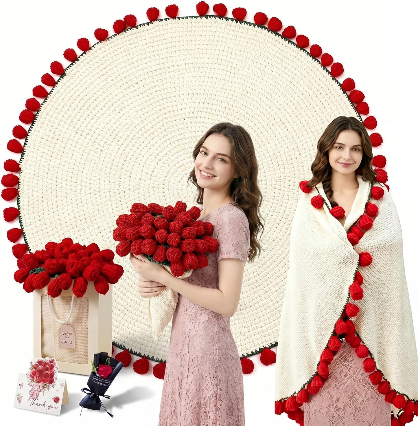 43''Flower Bouquet Blanket,Crochet Flower Bouquet Blanket Handmade, for Mother's Day, Valentine's Day, Birthday, Mom Grandma Home Sofa Decor (Finished Product) (Red, Medium（43X43 Inches）)