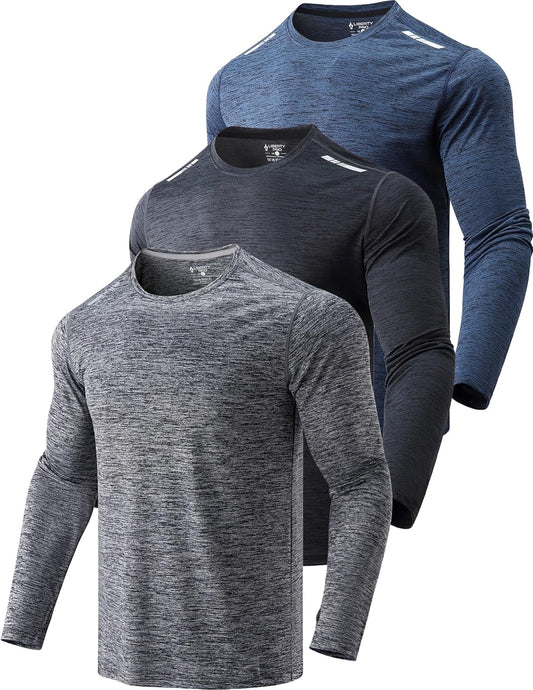 3 Pack: Men's Dry Fit Long Sleeve T Shirts, Lightweight Athletic Performance Tops with Thumb Holes Hiking