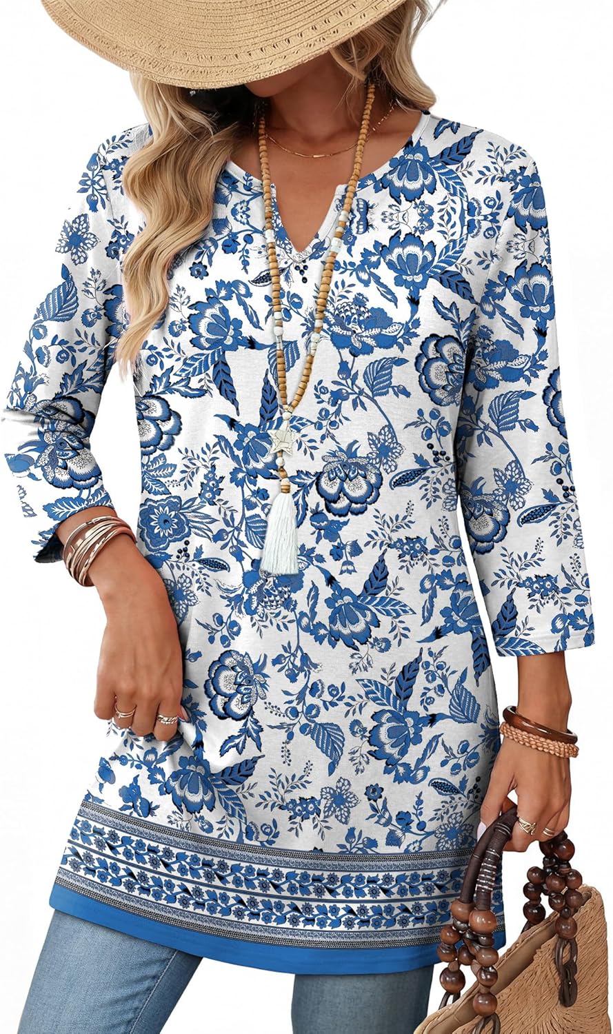 Summer Boho Tops For Women 3/4 Length Sleeve Womens Tops Vacation Outfits