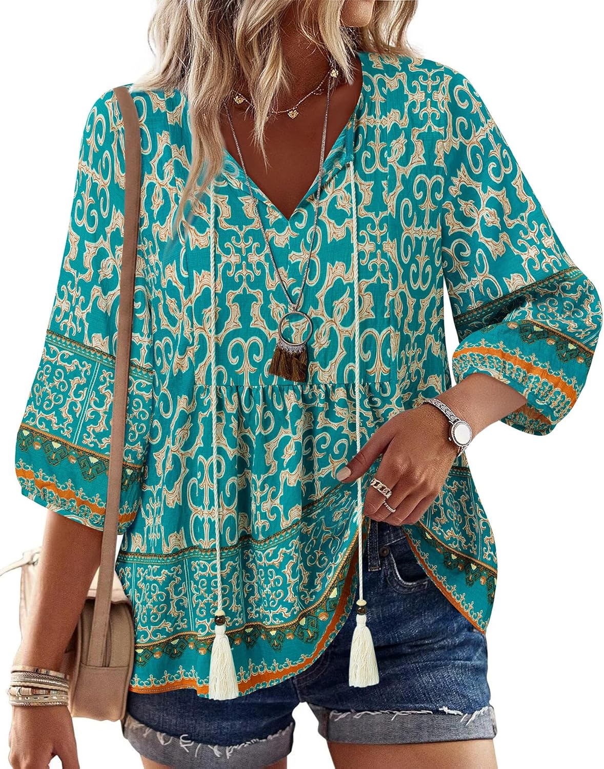 Womens Summer Boho Babydoll Tops 3/4 Sleeve Pleated Peplum Blouses Casual V Neck Tie Front 2026 Tunic Tops