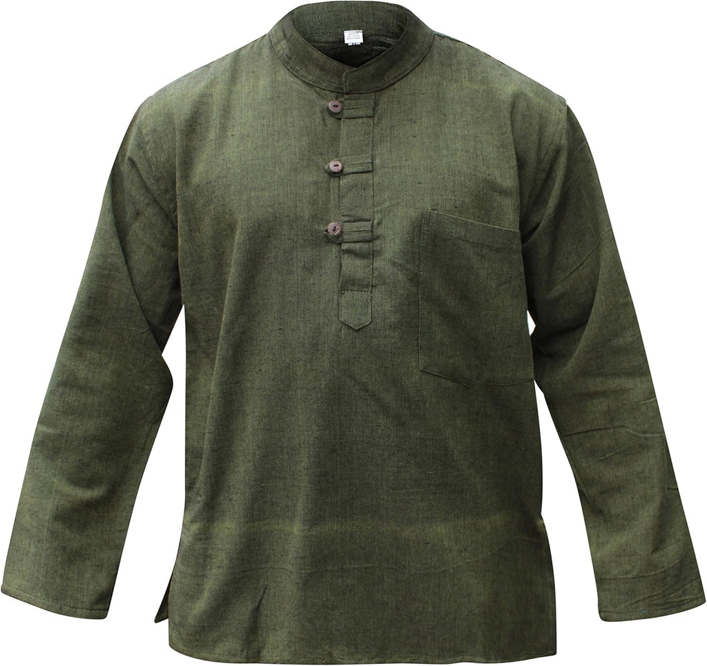 Men’s Plain Hemp Cotton Long Sleeve Boho Festival Hippie Grand Dad Shirt