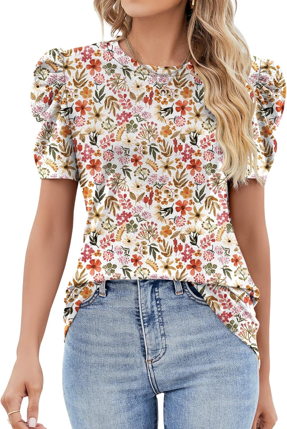 Puff Short Sleeve Shirt for Women Eyelet Tops Summer Crewneck Blouse Loose Fit S-XXL
