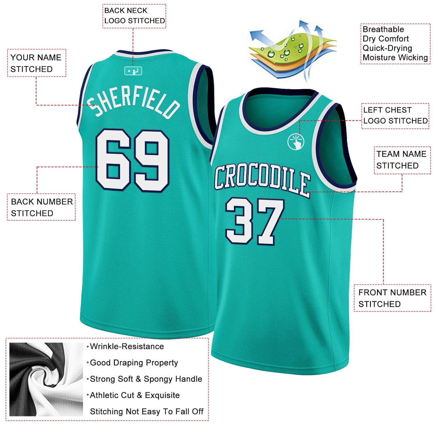 Custom Aqua White-Navy Authentic Basketball Jersey