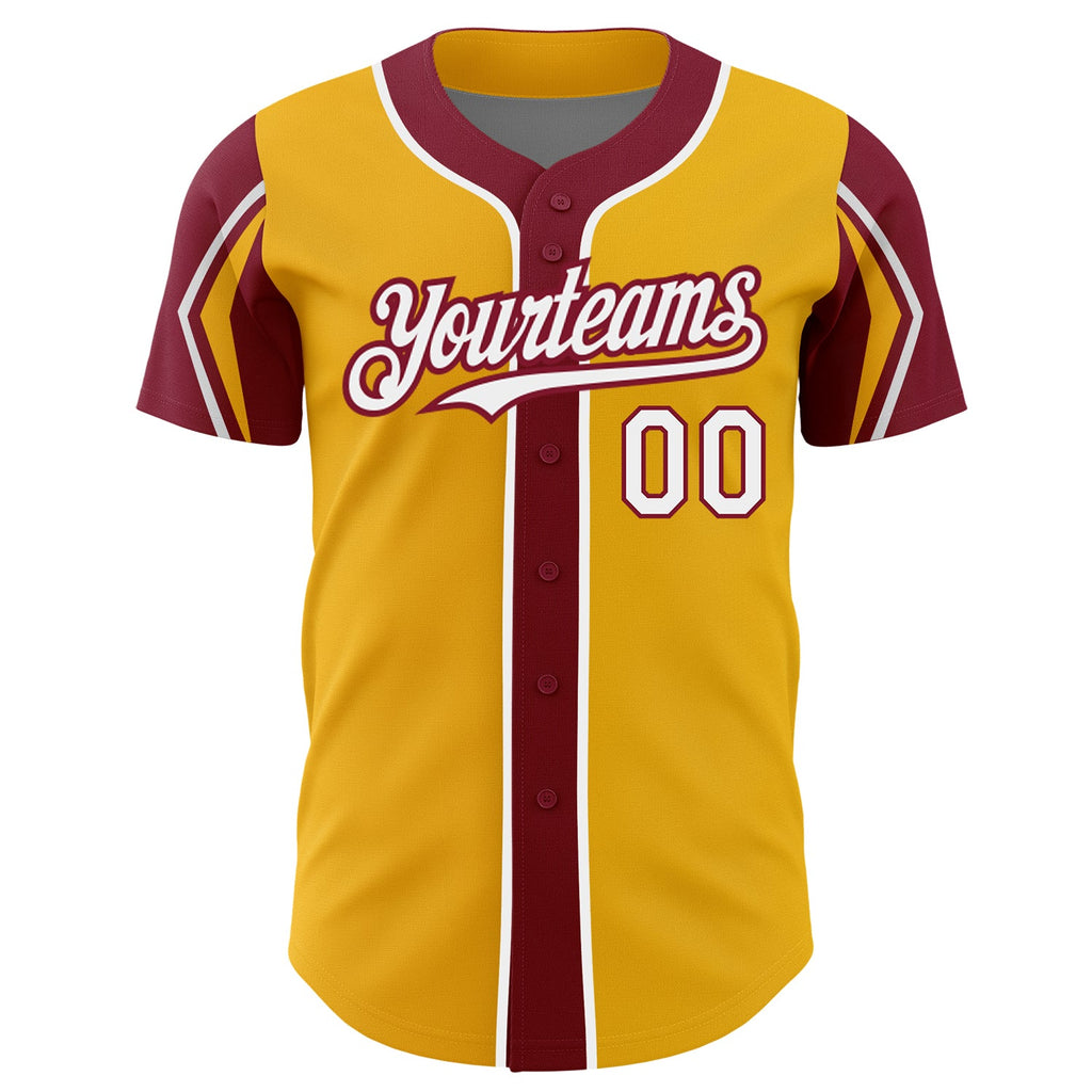 Custom Gold White-Crimson 3 Colors Arm Shapes Authentic Baseball Jersey