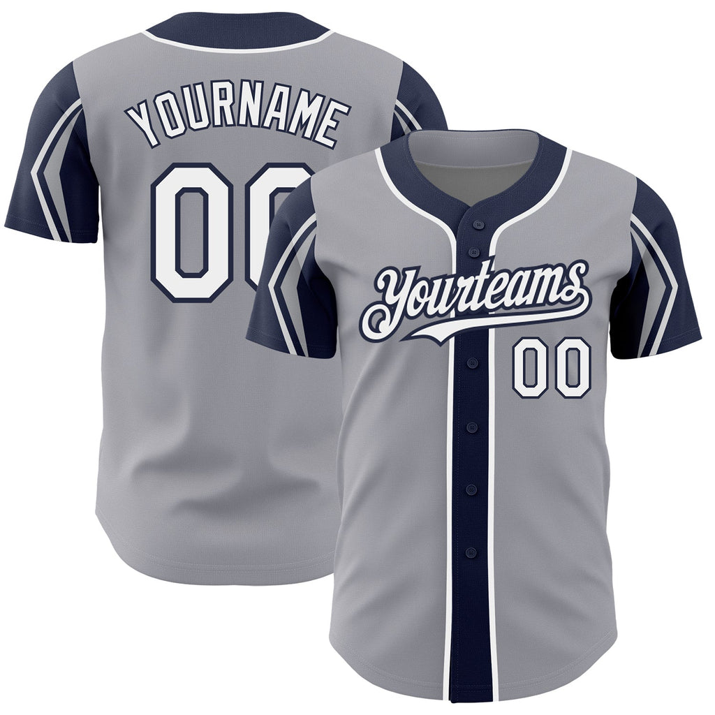Custom Gray White-Navy 3 Colors Arm Shapes Authentic Baseball Jersey