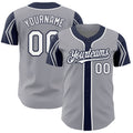 Custom Gray White-Navy 3 Colors Arm Shapes Authentic Baseball Jersey