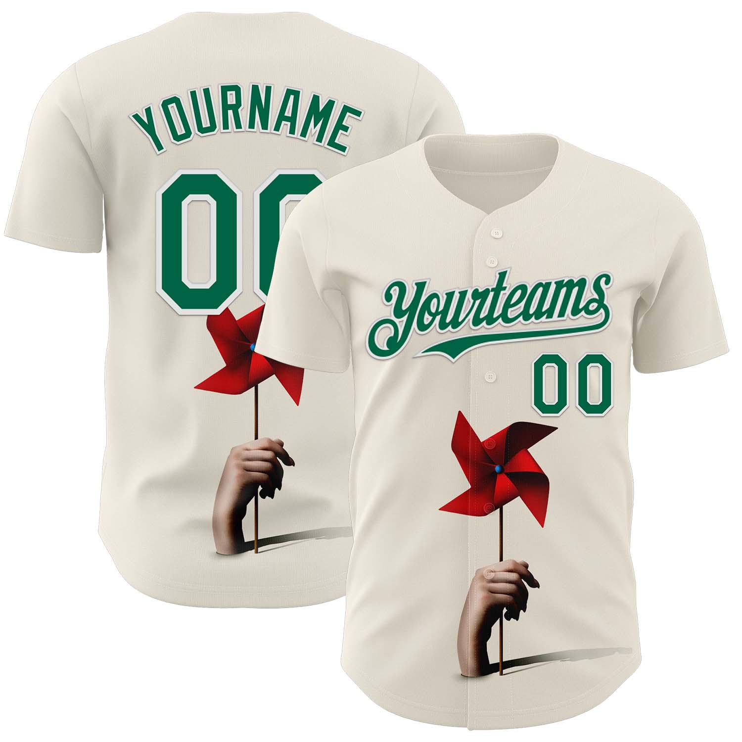 Custom Cream Kelly Green-White 3D Marcel Caram Red Weathervane Authentic Baseball Jersey