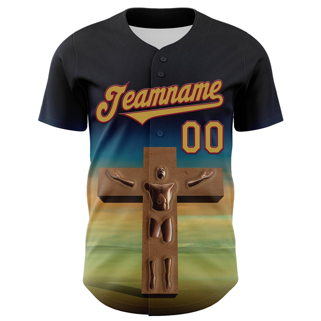 Custom Black Old Gold-Crimson 3D Marcel Caram The Man And The Cross Authentic Baseball Jersey