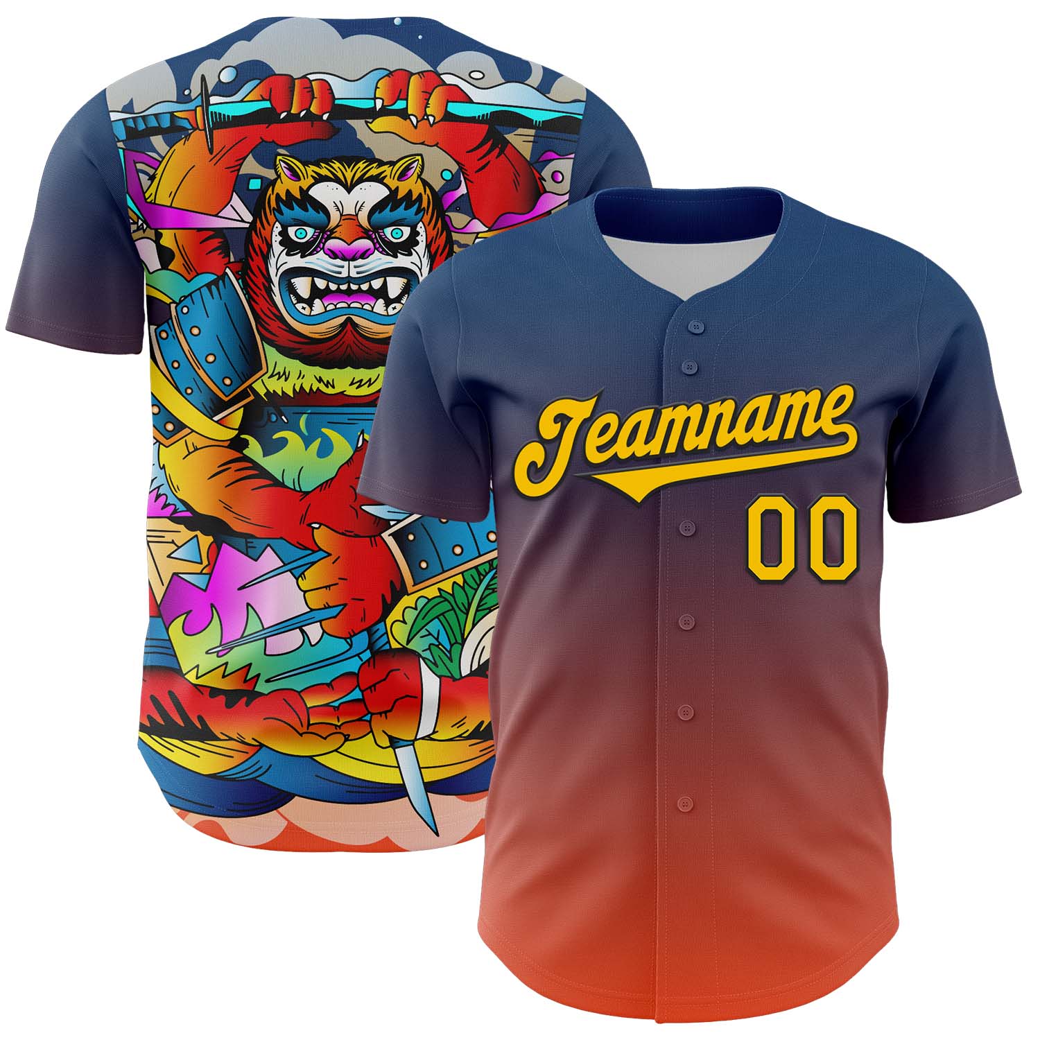 Custom Blue Yellow Orange-Black 3D Geo Law Tiger Ronin Deities Authentic Baseball Jersey