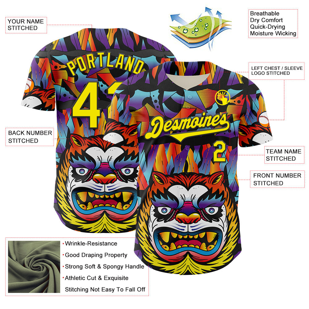 Custom Black Light Yellow 3D Geo Law Tiger Mask Authentic Baseball Jersey