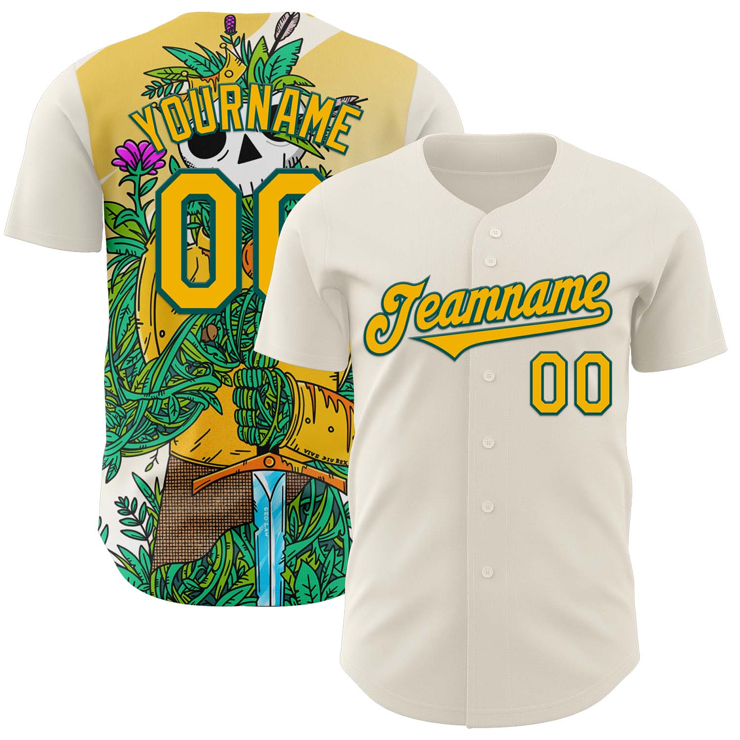 Custom Cream Gold-Midnight Green 3D Geo Law Long Live The King Authentic Baseball Jersey