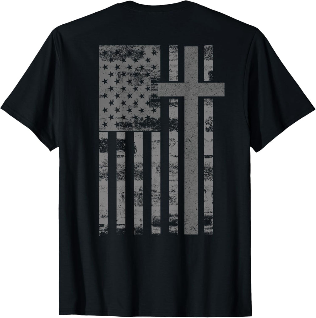(Art on Back) American Flag Christian Faith Cross Patriotic T-Shirt