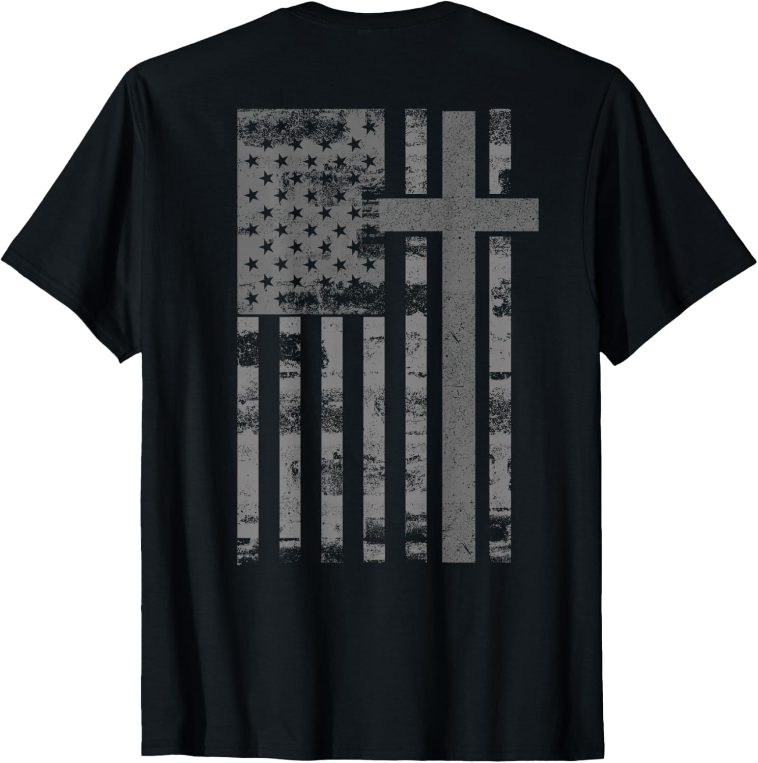 (Art on Back) American Flag Christian Faith Cross Patriotic T-Shirt