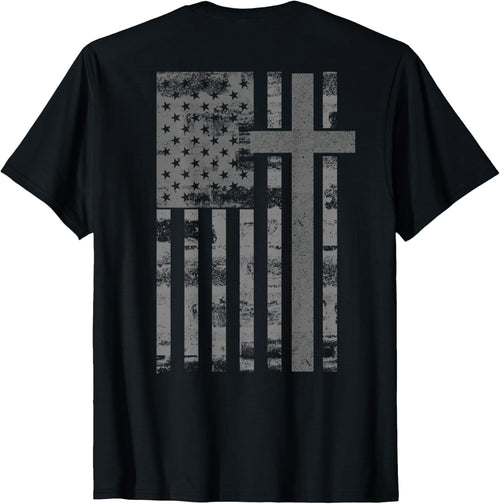 (Art on Back) American Flag Christian Faith Cross Patriotic T-Shirt